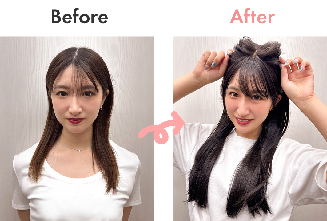 【猫耳ヘアアレンジ ビフォーアフター】ウィッグ ロング/フロント手植え オンリーワンカールロング [wg347]