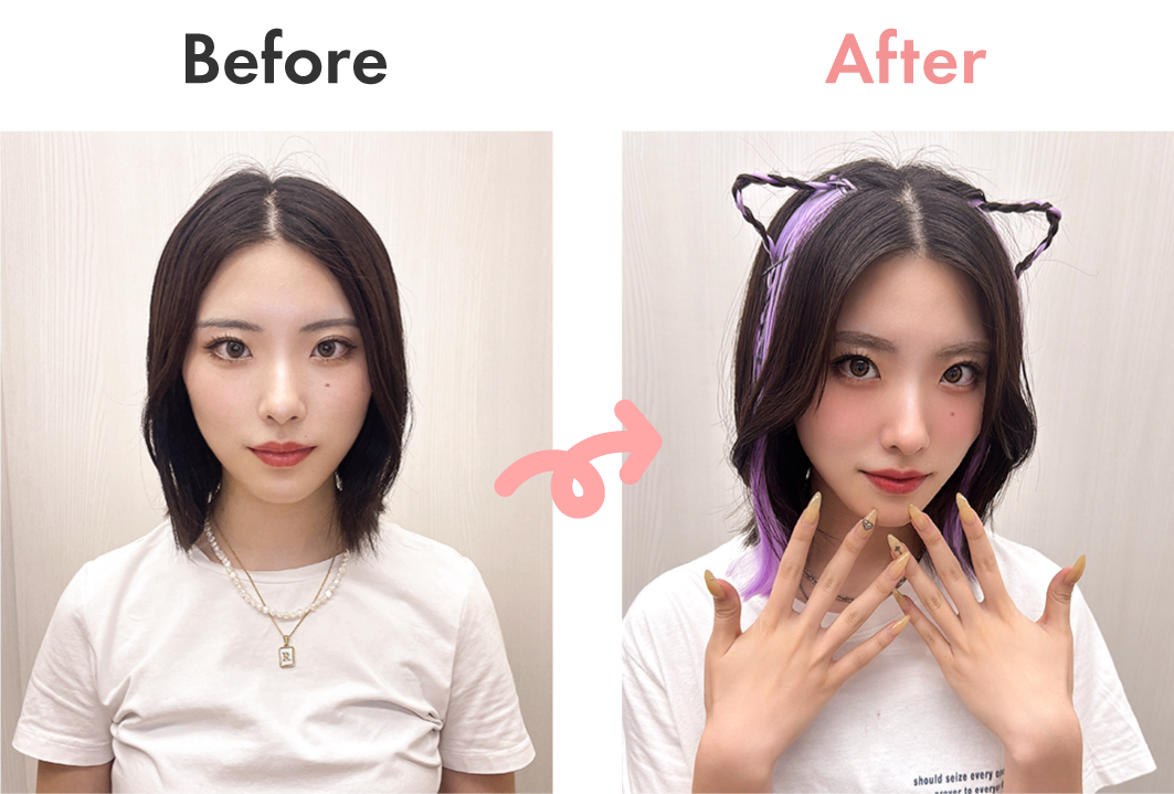 【猫耳ヘアアレンジ ビフォーアフター】カラーエクステ/ポイントメッシュエクステ2type[wgt812]