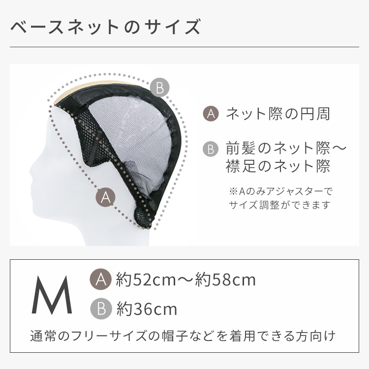 ベースネットのサイズ、Mサイズ。通常のフリーサイズの帽子などを着用できる方向け。
