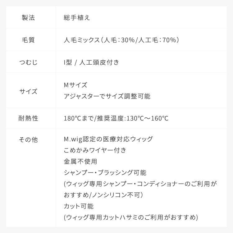 医療用ウィッグ ショート/ヴィーナス グレイヘア りんかすっきりショート人毛MIX [pwm017]のスペック情報