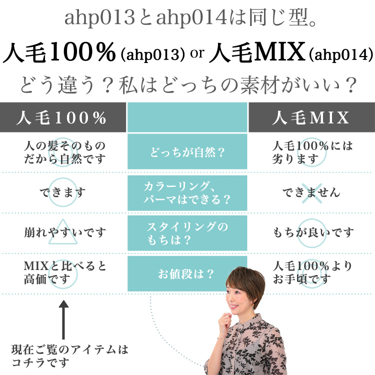 ahp013とahp014は同じ型。人毛100%(ahp013)or人毛MIX(ahp014)どう違う?私はどっちの素材がいい?