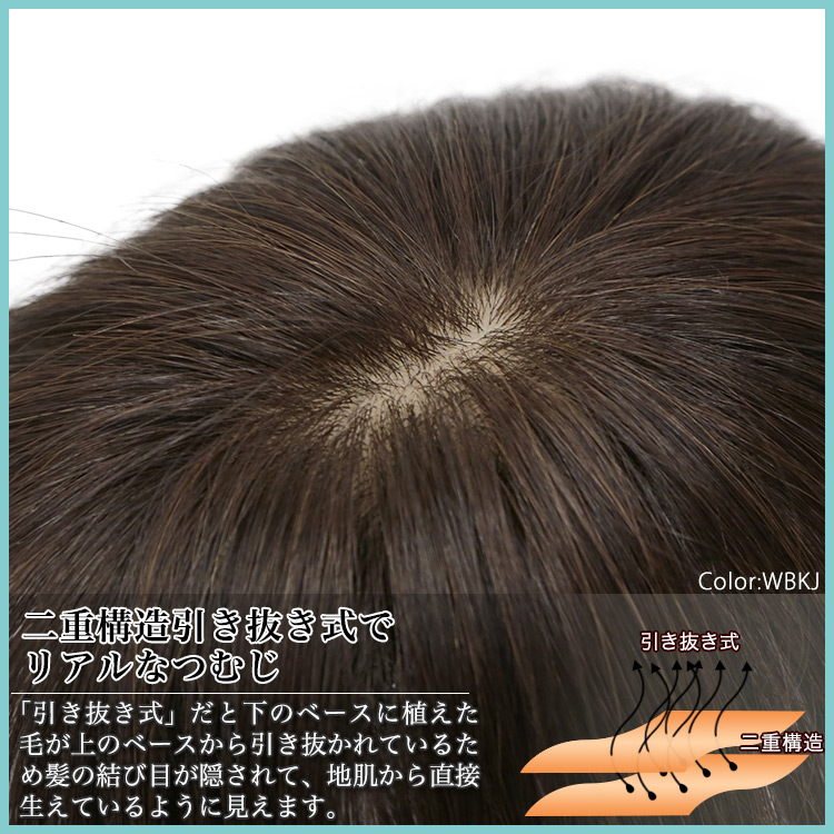 二重構造引き抜き式でリアルなつむじ 「引き抜き式」だと下のベースに植えた毛が上のベースから引き抜かれているため髪の結び目が隠されて、地肌から直接生えているように見えます。
