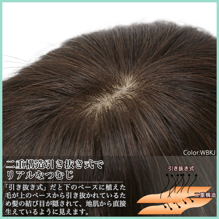 二重構造引き抜き式でリアルなつむじ 「引き抜き式」だと下のベースに植えた毛が上のベースから引き抜かれているため髪の結び目が隠されて、地肌から直接生えているように見えます。