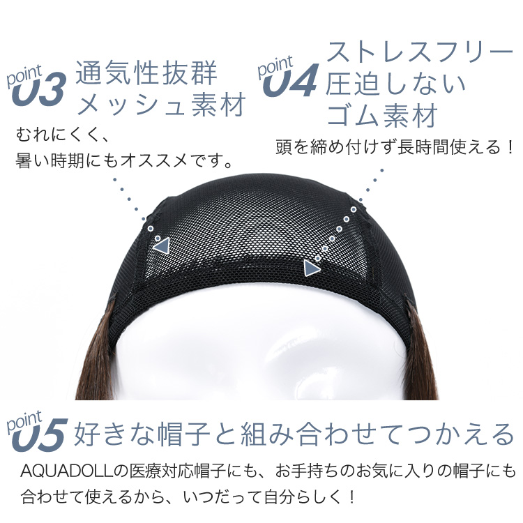 通気性抜群メッシュ素材&ストレスフリーで圧迫しないゴム素材&好きな帽子と組み合わせてつかえるアクアドールの髪付き帽子