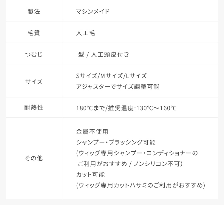 AQUADOLL ウィッグ詳細情報：製法:マシンメイド、毛質:人工毛、つむじ:I型/人工頭皮付き、サイズ:フリーサイズ(アジャスターでサイズ調整可能)、耐熱性:180℃まで/推奨温度130℃～160℃、その他:M.wig認定医療対応ウィッグ、こめかみワイヤー付き、金属不使用、シャンプー・ブラッシング可能(ウィッグ専用シャンプー・コンディショナー推奨/ノンシリコン不可)、カット可能(ウィッグ専用カットハサミ推奨)。