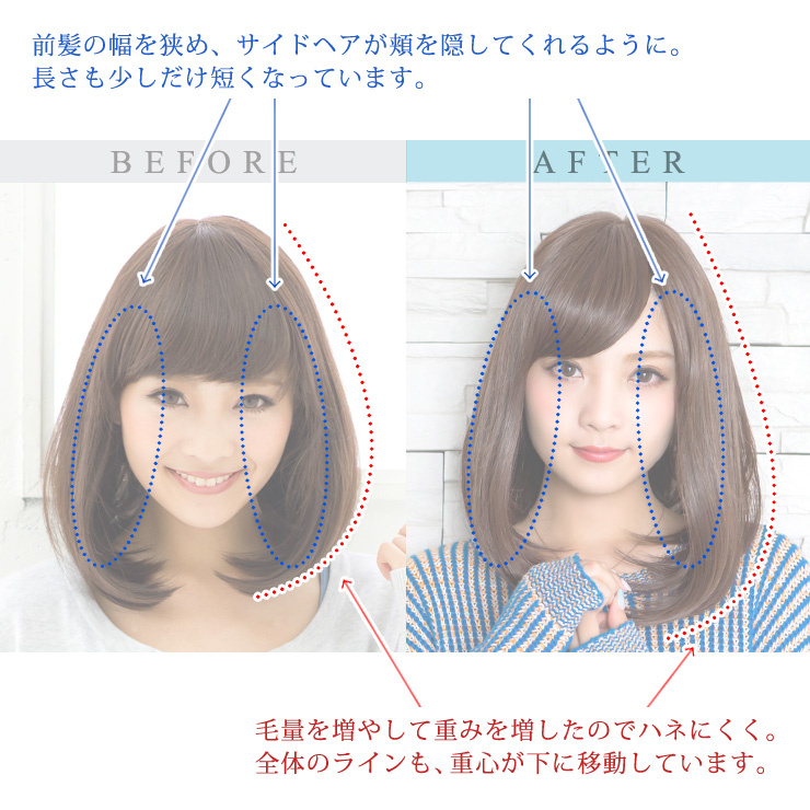 アクアドールの医療用ウィッグの変更点の図解