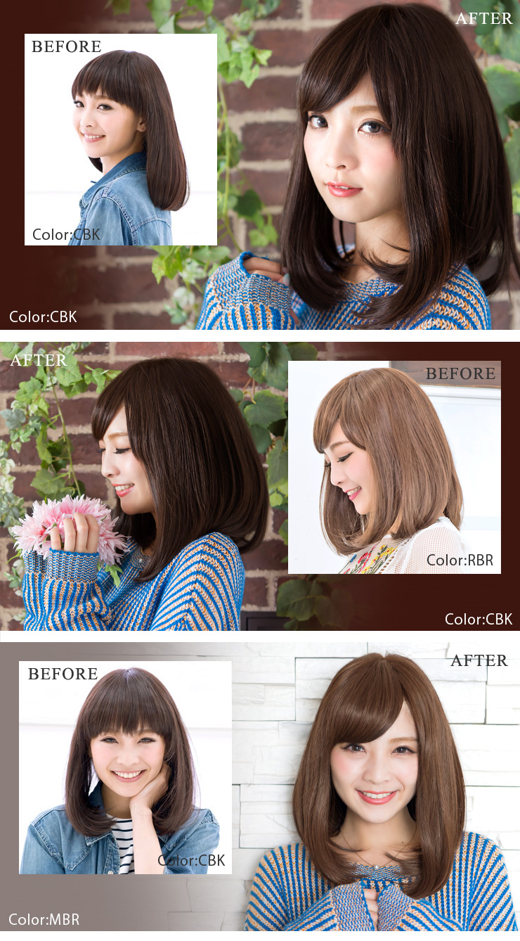 アクアドールの医療用ウィッグ「ヴィーナス ワンカールミディアムボブウィッグ」の色々なビフォーアフター