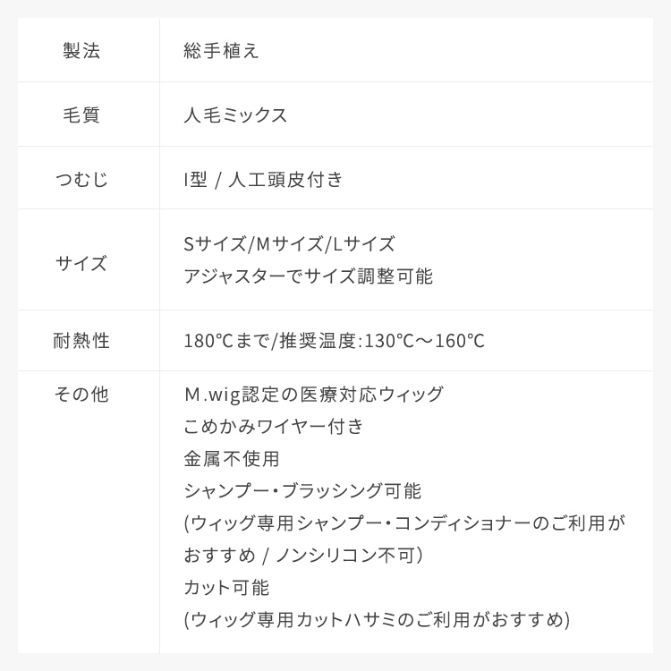 医療用ウィッグ ロング/ヴィーナス ノーカットセミロングウィッグ 人毛MIX [pwm00C]のスペック情報