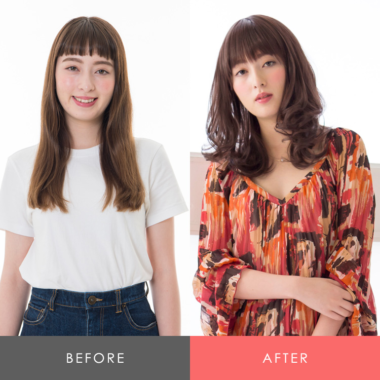 アクアドールのファッションフルウィッグ、「フラッフィーミディアムカールウィッグ」のビフォーアフター