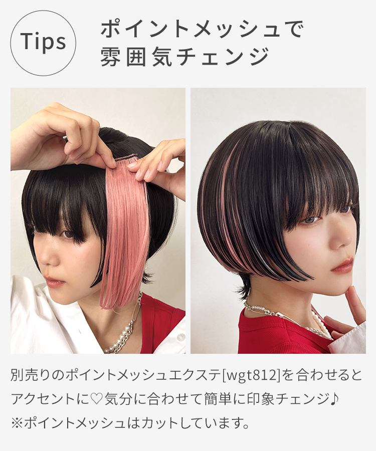 クラッシュ姫ウルフに、別売りのポイントメッシュエクステ「wgt812」を合わせてヘアアレンジすると、簡単にイメージチェンジができます。