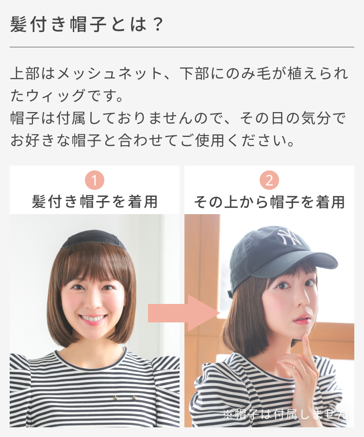 帽子ウィッグ/【キャップ対応タイプ】前髪取り外し式髪付き帽子ナチュラルボブ人毛MIX [wgn066]