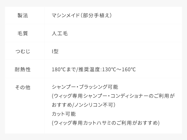 :マシンメイド,毛質:人工毛,つむじ:I型/人工頭皮付き,耐熱性:180℃まで/推奨温度:130℃~160℃,その他:シャンプー・ブラッシング可能(ウィッグ専用シャンプー・コンディショナーのご利用がおすすめ/ノンシリコン不可)、カット可能(ウィッグ専用カットハサミのご利用がおすすめ)