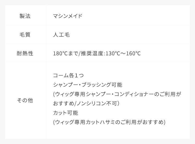 耐熱性:180℃まで/推奨温度:130℃～160℃,コーム各1つ,シャンプー・ブラッシング可能（ウィッグ専用シャンプー・コンディショナーのご利用がおすすめ/ノンシリコン不可）,カット可能（ウィッグ専用カットハサミのご利用がおすすめ）